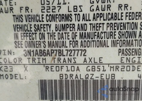 2011 Nissan Sentra 2.0 из США, поврежденный, VIN 3N1AB6AP7BL727772